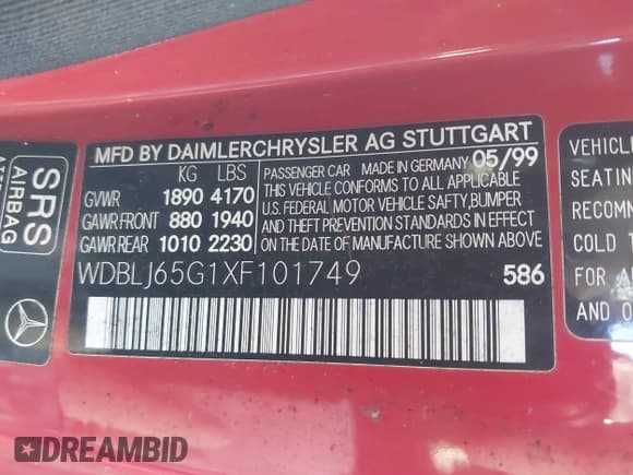 ✅ 1999 Mercedes-Benz CLK 320/430 • VIN: WDBLJ65G1XF101749 • Лот: 41689126. Опубликован ранее на IAAI с пробегом 172 429 миль. Бесплатный доступ к архиву аукционных продаж из США и подробный отчёт об истории автомобиля на DreamBid. Изображение 9.