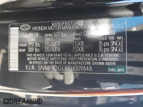 ✅ 2024 Hyundai Santa Fe SE • VIN: 5NMP1DGL4RH009848 • Lot: 82002715. Listed on Copart with 13,642 mi. Free auction sales archive from the USA and detailed vehicle history report at DreamBid. Image 13.