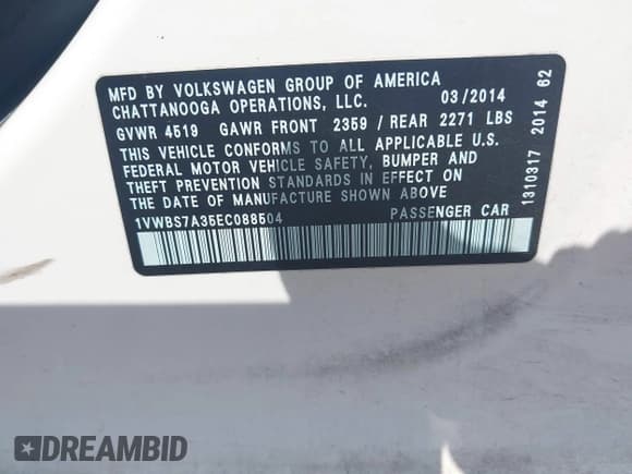 ✅ 2014 Volkswagen Passat SE • VIN: 1VWBS7A35EC088504 • Лот: 42312048. Опубликован ранее на IAAI с пробегом 98 057 миль. Бесплатный доступ к архиву аукционных продаж из США и подробный отчёт об истории автомобиля на DreamBid. Изображение 9.