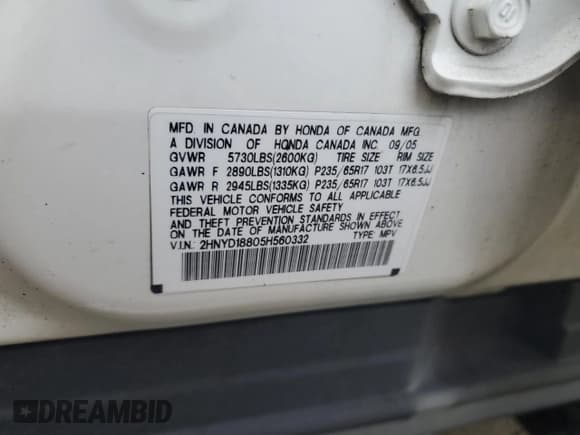 ✅ 2005 Acura MDX Touring • VIN: 2HNYD18805H560332 • Lot: 90292305. Listed on Copart with 362,035 mi. Free auction sales archive from the USA and detailed vehicle history report at DreamBid. Image 13.