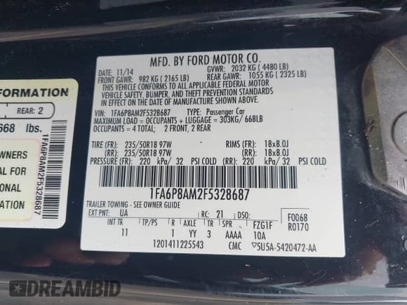 ✅ 2015 Ford Mustang V6 • VIN: 1FA6P8AM2F5328687 • Lot: 42999516. Listed on IAAI with 137,268 mi. Free auction sales archive from the USA and detailed vehicle history report at DreamBid. Image 9.