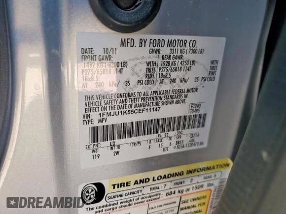 ✅ 2012 Ford Expedition Limited • VIN: 1FMJU1K55CEF11147 • Лот: 91347945. Опубликован ранее на Copart с пробегом 110 330 миль. Бесплатный доступ к архиву аукционных продаж из США и подробный отчёт об истории автомобиля на DreamBid. Изображение 13.