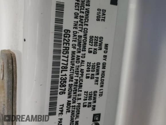 ✅ 2008 Pontiac G8 • VIN: 6G2ER57778L135876 • Lot: 63068215. Listed on Copart with Not provided. Free auction sales archive from the USA and detailed vehicle history report at DreamBid. Image 13.