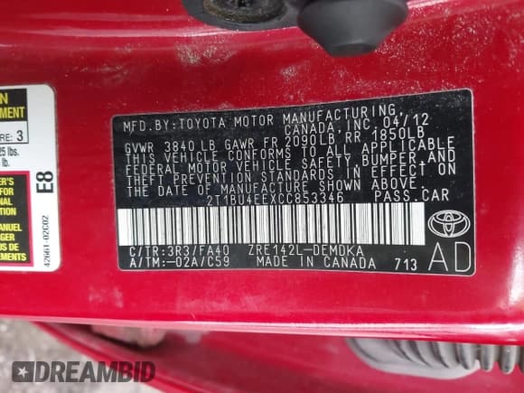 ✅ 2012 Toyota Corolla L • VIN: 2T1BU4EEXCC853346 • Lot: 43423179. Listed on IAAI with 145,289 mi. Free auction sales archive from the USA and detailed vehicle history report at DreamBid. Image 9.