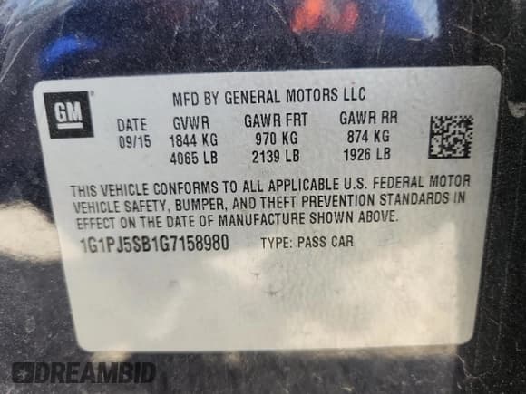 ✅ 2016 Chevrolet Cruze ECO • VIN: 1G1PJ5SB1G7158980 • Lot: 72038325. Listed on Copart with 123,312 mi. Free auction sales archive from the USA and detailed vehicle history report at DreamBid. Image 12.