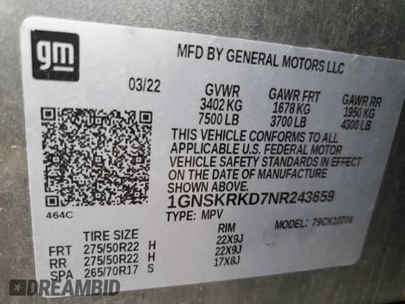 2022 Chevrolet Tahoe RST with VIN 1GNSKRKD7NR243659, listed as a Copart auction lot 82278475 with 50,850 mi miles and Salvage title. Bid and sale history available at DreamBid. Image 14.