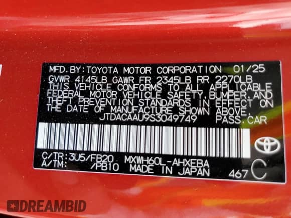 2025 Toyota Prius LE with VIN JTDACAAU9S3049749, listed as a Copart auction lot 86265035 with 2,899 mi miles and Salvage title. Bid and sale history available at DreamBid. Image 12.