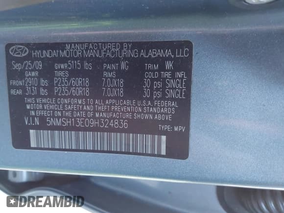 ✅ 2009 Hyundai Santa Fe Limited • VIN: 5NMSH13E09H324836 • Lot: 43737715. Wystawiony na IAAI z przebiegiem 222 257 mil. Bezpłatny archiwum sprzedaży aukcyjnych z USA i szczegółowy raport historii pojazdu na DreamBid. Zdjęcie 9.