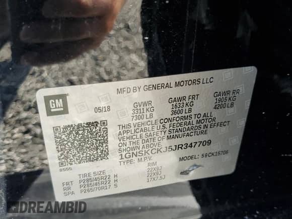 2018 Chevrolet Tahoe Premier with VIN 1GNSKCKJ5JR347709, listed as a Copart auction lot 66494385 with 32,619 mi miles and Salvage title. Bid and sale history available at DreamBid. Image 14.