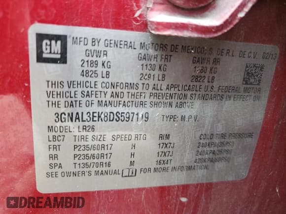 ✅ 2013 Chevrolet Captiva Sport LT • VIN: 3GNAL3EK8DS597119 • Lot: 81791704. Wystawiony na Copart z przebiegiem 130 107 mil. Bezpłatny archiwum sprzedaży aukcyjnych z USA i szczegółowy raport historii pojazdu na DreamBid. Zdjęcie 15.