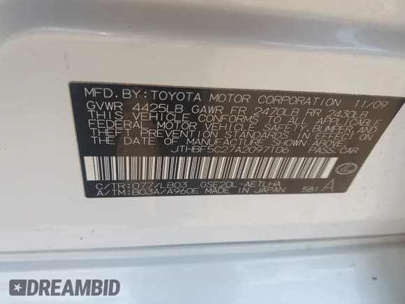 ✅ 2010 Lexus IS 250 • VIN: JTHBF5C27A2097106 • Lot: 42431386. Listed on IAAI with 146,212 mi. Free auction sales archive from the USA and detailed vehicle history report at DreamBid. Image 9.