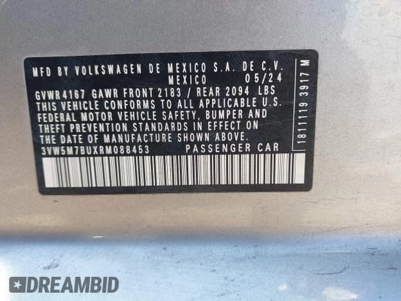 ✅ 2024 Volkswagen Jetta S • VIN: 3VW5M7BUXRM088453 • Лот: 42000829. Опубликован ранее на IAAI с пробегом 14 561 миль. Бесплатный доступ к архиву аукционных продаж из США и подробный отчёт об истории автомобиля на DreamBid. Изображение 9.