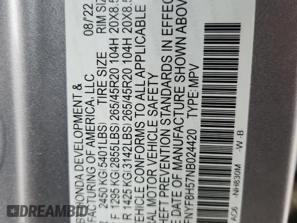 ✅ 2022 Honda Passport EX-L • VIN: 5FNYF8H57NB024420 • Lot: 67348855. Listed on Copart with 136,849 mi. Free auction sales archive from the USA and detailed vehicle history report at DreamBid. Image 13.