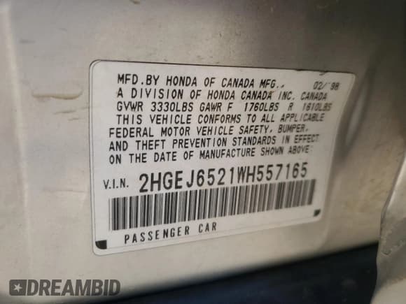 ✅ 1998 Honda Civic DX • VIN: 2HGEJ6521WH557165 • Лот: 49696105. Опубликован ранее на Copart с пробегом 220 779 миль. Бесплатный доступ к архиву аукционных продаж из США и подробный отчёт об истории автомобиля на DreamBid. Изображение 14.