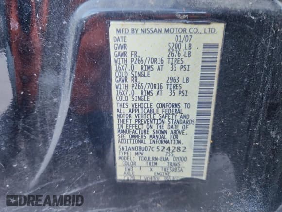✅ 2007 Nissan Xterra X • VIN: 5N1AN08U07C524282 • Lot: 90132085. Wystawiony na Copart z przebiegiem 186 400 mil. Bezpłatny archiwum sprzedaży aukcyjnych z USA i szczegółowy raport historii pojazdu na DreamBid. Zdjęcie 13.