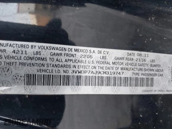 ✅ 2012 Volkswagen Jetta SE • VIN: 3VWDP7AJ9CM319747 • Лот: 43922195. Опубликован ранее на IAAI с пробегом 235 382 миль. Бесплатный доступ к архиву аукционных продаж из США и подробный отчёт об истории автомобиля на DreamBid. Изображение 9.