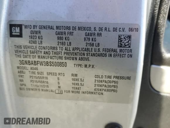 ✅ 2011 Chevrolet HHR 1LT • VIN: 3GNBABFW3BS500850 • Lot: 82017954. Listed on Copart with 264,231 mi. Free auction sales archive from the USA and detailed vehicle history report at DreamBid. Image 15.