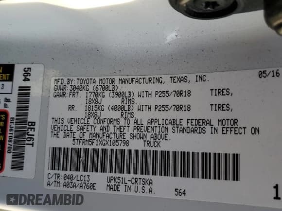 ✅ 2016 Toyota Tundra SR • VIN: 5TFRM5F1XGX105798 • Lot: 93540695. Listed on Copart with 162,566 mi. Free auction sales archive from the USA and detailed vehicle history report at DreamBid. Image 12.