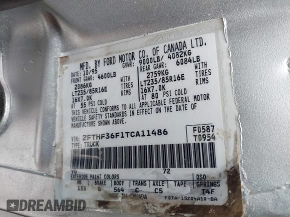 ✅ 1996 Ford F-350 • VIN: 2FTHF36F1TCA11486 • Lot: 43455707. Listed on IAAI with 66,413 mi. Free auction sales archive from the USA and detailed vehicle history report at DreamBid. Image 9.