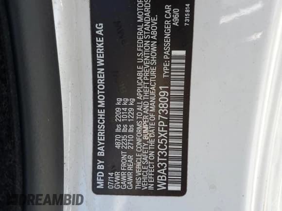 ✅ 2015 BMW 4 Series 435i • VIN: WBA3T3C5XFP738091 • Lot: 72080135. Listed on Copart with 161,536 mi. Free auction sales archive from the USA and detailed vehicle history report at DreamBid. Image 12.