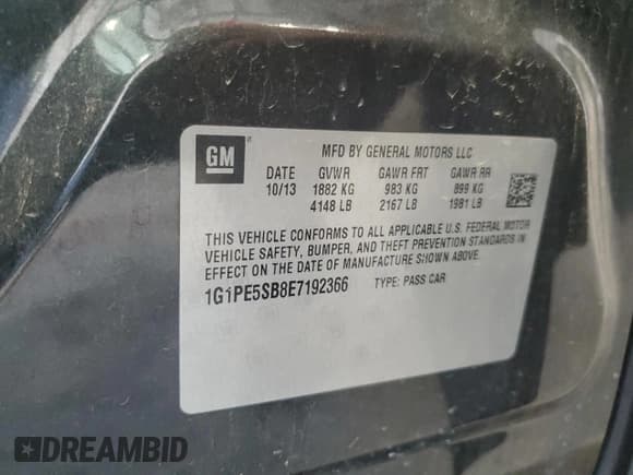 ✅ 2014 Chevrolet Cruze 2LT • VIN: 1G1PE5SB8E7192366 • Lot: 84898895. Listed on Copart with 194,255 mi. Free auction sales archive from the USA and detailed vehicle history report at DreamBid. Image 12.