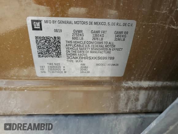 2019 Chevrolet Blazer with VIN 3GNKBHRSXKS699789, listed as a Copart auction lot 64011754 with 56,669 mi miles and Salvage title. Bid and sale history available at DreamBid. Image 14.