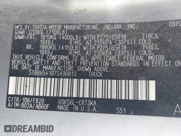 ✅ 2007 Toyota Tundra SR5 • VIN: 5TBBV54187S490813 • Lot: 43737937. Wystawiony na IAAI z przebiegiem 299 927 mil. Bezpłatny archiwum sprzedaży aukcyjnych z USA i szczegółowy raport historii pojazdu na DreamBid. Zdjęcie 9.