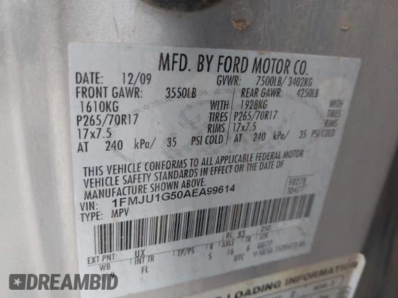 ✅ 2010 Ford Expedition SSV • VIN: 1FMJU1G50AEA99614 • Lot: 43655857. Wystawiony na IAAI z przebiegiem 157 032 mil. Bezpłatny archiwum sprzedaży aukcyjnych z USA i szczegółowy raport historii pojazdu na DreamBid. Zdjęcie 9.