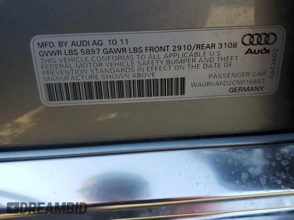 ✅ 2012 Audi A8 • VIN: WAURVAFD2CN016861 • Lot: 52667165. Listed on Copart with 101,793 mi. Free auction sales archive from the USA and detailed vehicle history report at DreamBid. Image 14.