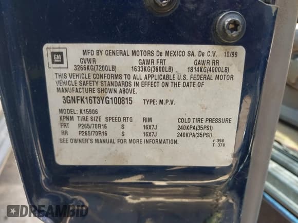 ✅ 2000 Chevrolet Suburban LS • VIN: 3GNFK16T3YG100815 • Лот: 42900699. Опубликован ранее на IAAI с пробегом 311 795 миль. Бесплатный доступ к архиву аукционных продаж из США и подробный отчёт об истории автомобиля на DreamBid. Изображение 9.