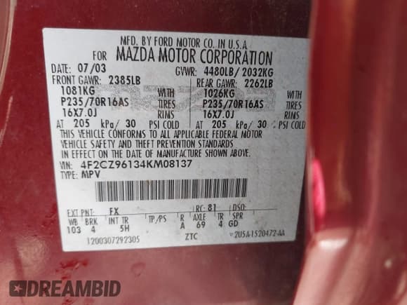 ✅ 2004 Mazda Tribute ES • VIN: 4F2CZ96134KM08137 • Lot: 41832051. Wystawiony na IAAI z przebiegiem 198 571 mil. Bezpłatny archiwum sprzedaży aukcyjnych z USA i szczegółowy raport historii pojazdu na DreamBid. Zdjęcie 9.