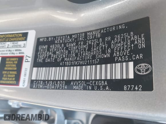 ✅ 2017 Toyota Camry Hybrid LE • VIN: 4T1BD1FK7HU211157 • Lot: 43551736. Listed on IAAI with 223,793 mi. Free auction sales archive from the USA and detailed vehicle history report at DreamBid. Image 9.