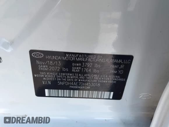 ✅ 2013 Hyundai Elantra Limited • VIN: 5NPDH4AE7DH453018 • Lot: 43704480. Listed on IAAI with Not provided. Free auction sales archive from the USA and detailed vehicle history report at DreamBid. Image 9.