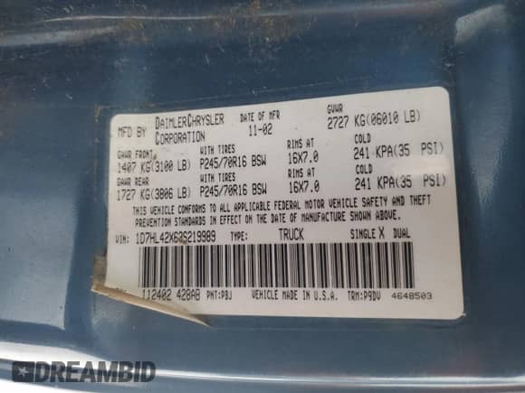 2003 Dodge Dakota SLT with VIN 1D7HL42X63S219989, listed as a Copart auction lot 41495915 with 83,841 mi miles and Clean title. Bid and sale history available at DreamBid. Image 12.