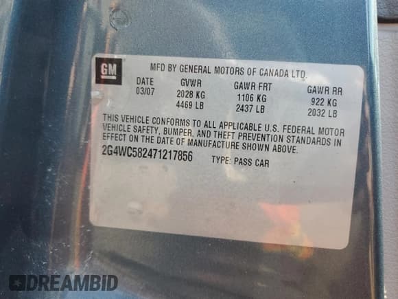 ✅ 2007 Buick LaCrosse CX • VIN: 2G4WC582471217856 • Lot: 82226315. Listed on Copart with 97,885 mi. Free auction sales archive from the USA and detailed vehicle history report at DreamBid. Image 13.