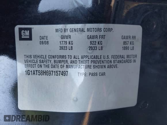 2009 Chevrolet Cobalt 1LT with VIN 1G1AT58H697157497, listed as a IAAI auction lot 43492142 with 168,486 mi miles and . Bid and sale history available at DreamBid. Image 9.