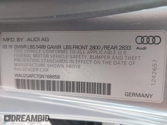 ✅ 2016 Audi A7 Prestige • VIN: WAU2GAFC7GN168658 • Lot: 42425666. Listed on IAAI with 49,840 mi. Free auction sales archive from the USA and detailed vehicle history report at DreamBid. Image 9.