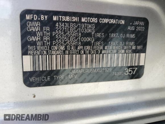 ✅ 2022 Mitsubishi Outlander ES • VIN: JA4APUAU5NU021929 • Лот: 87430875. Опубликован ранее на Copart с пробегом 54 578 миль. Бесплатный доступ к архиву аукционных продаж из США и подробный отчёт об истории автомобиля на DreamBid. Изображение 14.