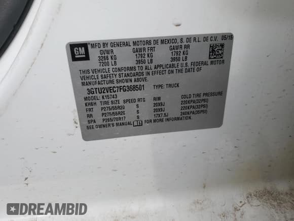 ✅ 2015 GMC Sierra 1500 SLT • VIN: 3GTU2VEC7FG368501 • Lot: 50766435. Listed on Copart with 167,721 mi. Free auction sales archive from the USA and detailed vehicle history report at DreamBid. Image 12.