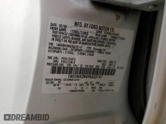 ✅ 2009 Mercury Sable Premier • VIN: 1MEHM42W69G632147 • Lot: 75037564. Listed on Copart with Not provided. Free auction sales archive from the USA and detailed vehicle history report at DreamBid. Image 13.