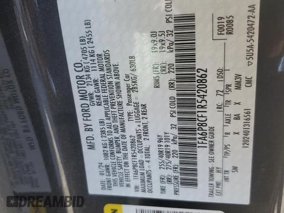 ✅ 2024 Ford Mustang GT Premium • VIN: 1FA6P8CF1R5420862 • Lot: 82714205. Listed on Copart with 14,875 mi. Free auction sales archive from the USA and detailed vehicle history report at DreamBid. Image 13.