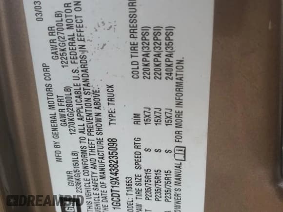 ✅ 2003 Chevrolet S-10 • VIN: 1GCDT19X438235098 • Лот: 82374434. Опубликован ранее на Copart с пробегом 76 747 миль. Бесплатный доступ к архиву аукционных продаж из США и подробный отчёт об истории автомобиля на DreamBid. Изображение 12.