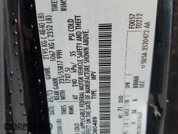 ✅ 2013 Ford Escape SE • VIN: 1FMCU9G99DUD80489 • Lot: 57187645. Listed on Copart with 196,307 mi. Free auction sales archive from the USA and detailed vehicle history report at DreamBid. Image 13.