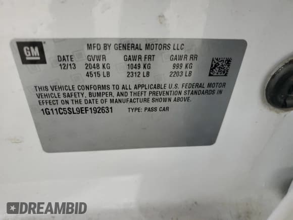 ✅ 2014 Chevrolet Malibu LT • VIN: 1G11C5SL9EF192631 • Lot: 87099985. Listed on Copart with 143,459 mi. Free auction sales archive from the USA and detailed vehicle history report at DreamBid. Image 12.