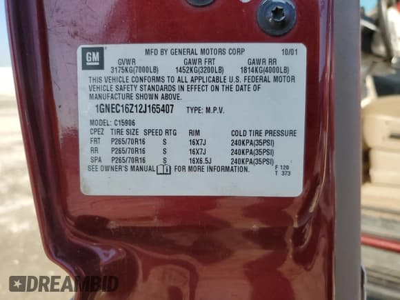 ✅ 2002 Chevrolet Suburban LT • VIN: 1GNEC16Z12J165407 • Лот: 47128145. Опубликован ранее на Copart с пробегом Не указан. Бесплатный доступ к архиву аукционных продаж из США и подробный отчёт об истории автомобиля на DreamBid. Изображение 15.