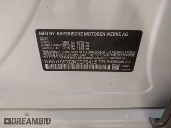 ✅ 2022 BMW 7 Series 750i xDrive • VIN: WBA7U2C02NCG79415 • Lot: 41394743. Listed on IAAI with 31,839 mi. Free auction sales archive from the USA and detailed vehicle history report at DreamBid. Image 9.