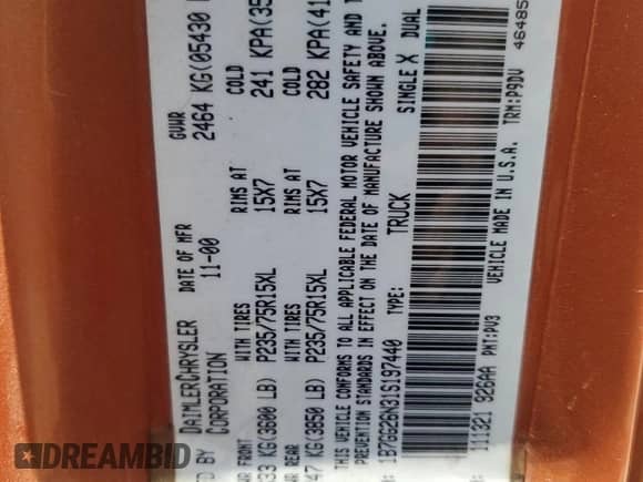 2001 Dodge Dakota Sport z VIN 1B7GG26N31S197440, wystawiony jako Copart lot #68280665 z przebiegiem Nie podano mil oraz Szkoda całkowita • Salvage title. Historia ofert i sprzedaży dostępna na DreamBid. Obrazek 12.