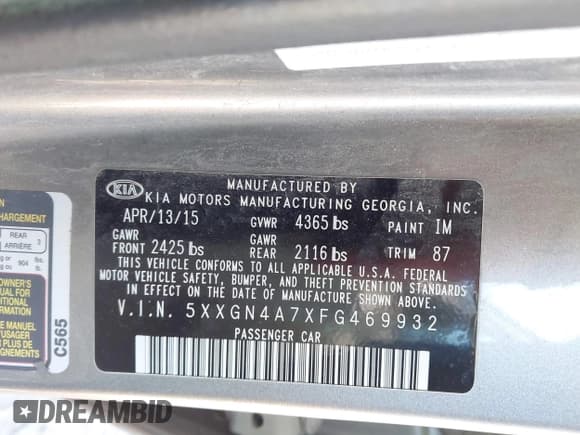 ✅ 2015 Kia Optima EX • VIN: 5XXGN4A7XFG469932 • Lot: 43532157. Listed on IAAI with 203,392 mi. Free auction sales archive from the USA and detailed vehicle history report at DreamBid. Image 9.