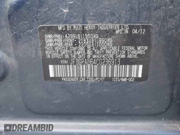 ✅ 2012 Subaru Impreza Special Sports Premium • VIN: JF1GPAL64CG236913 • Lot: 40468776. Listed on IAAI with Not provided. Free auction sales archive from the USA and detailed vehicle history report at DreamBid. Image 9.