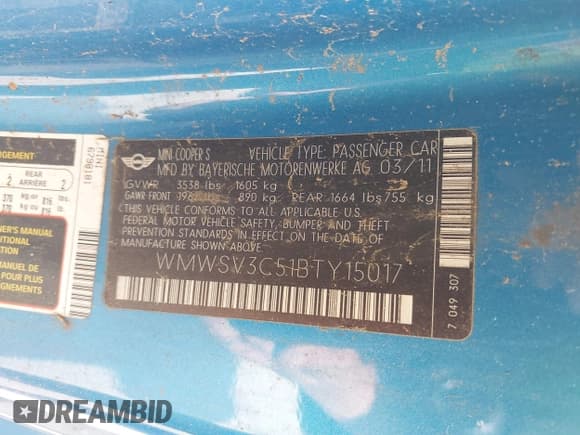 ✅ 2011 MINI Hardtop S • VIN: WMWSV3C51BTY15017 • Lot: 42257759. Listed on IAAI with 91,039 mi. Free auction sales archive from the USA and detailed vehicle history report at DreamBid. Image 9.